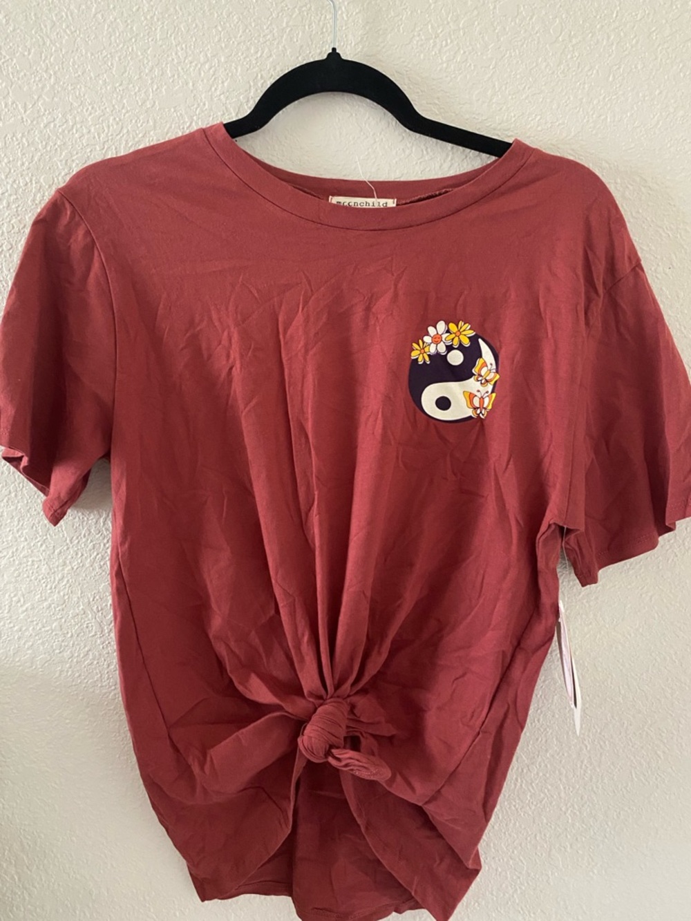 Mauve Tie-Front Graphic Crop Top with Floral Yin Yang